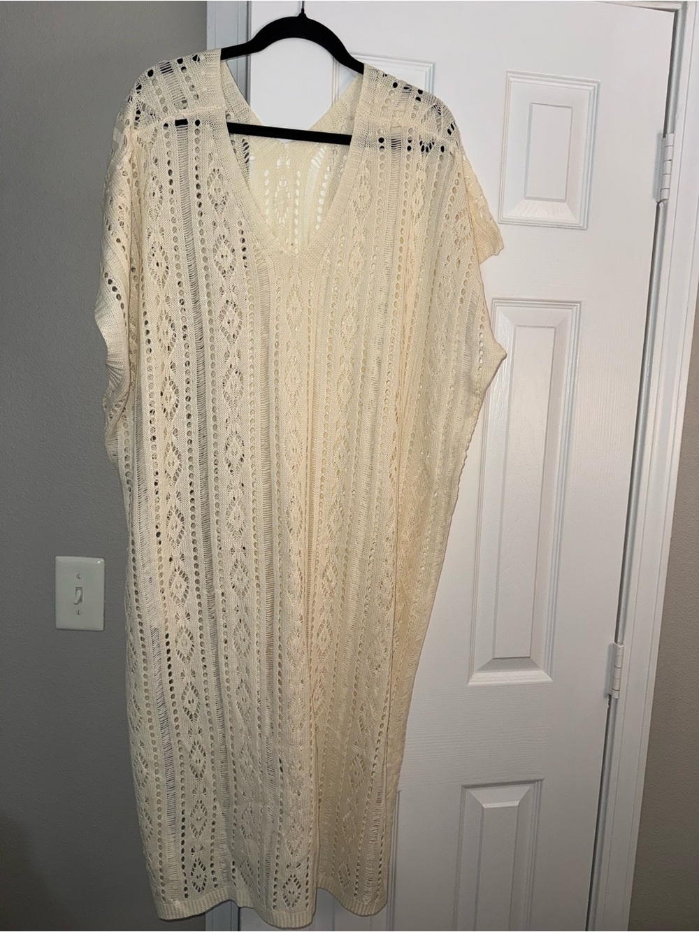 Crochet Knit V-Neck Beach Cover-Up Dress - Cream